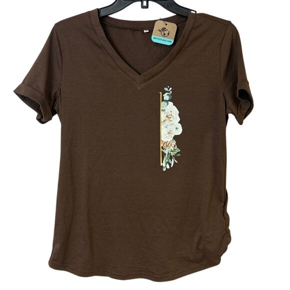 Riyiper Tops - New Hand Printed Womens Small Floral Stripe Short Sleeve V Neck Tee Shirt